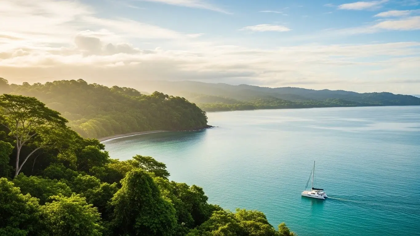 Sailing catamaran on a calm turquoise bay below rainforest-covered hills on the Costa Rica coast in soft light