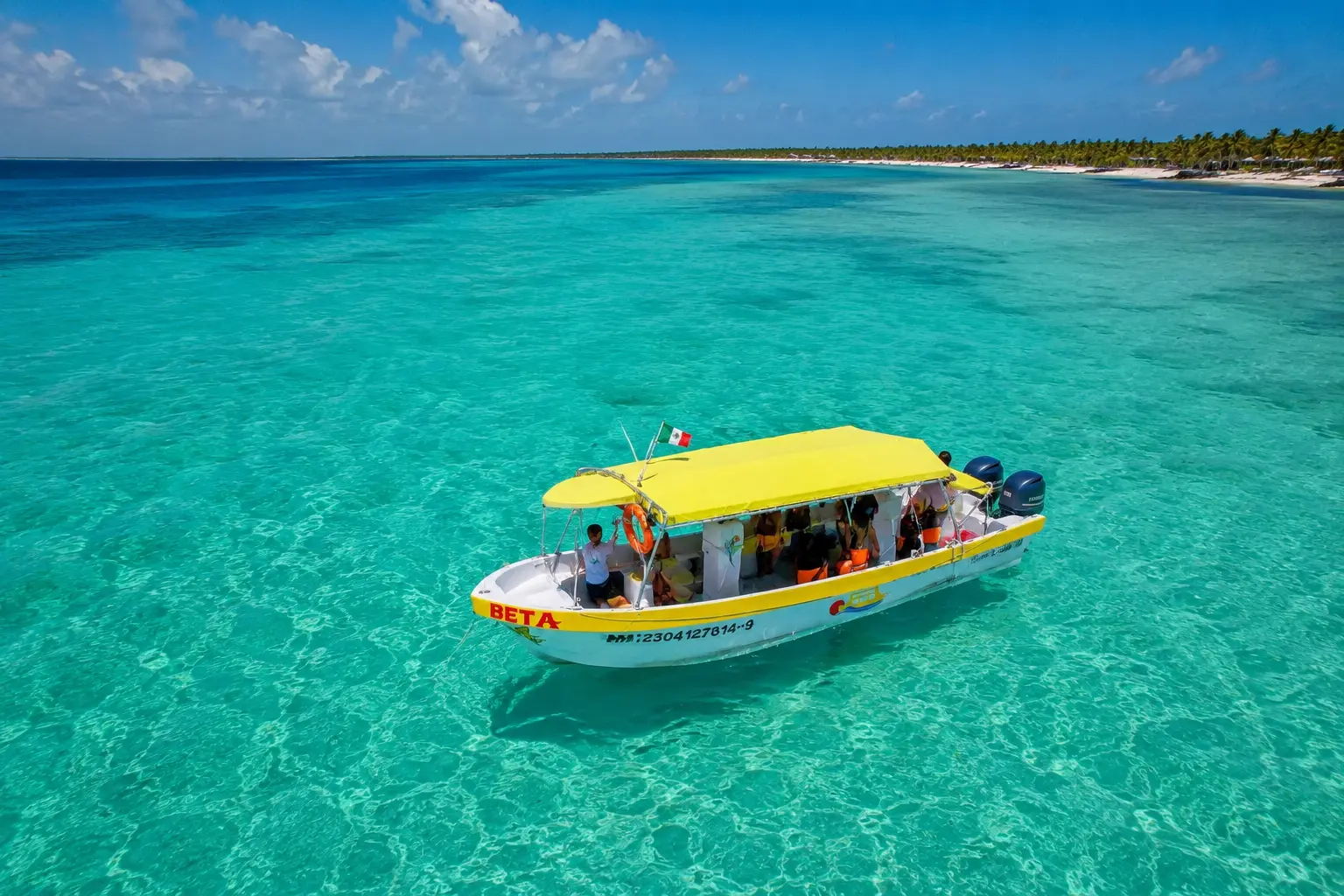 Speedboat with a yellow canopy and guests aboard on turquoise water off Cozumel's palm-lined coast
