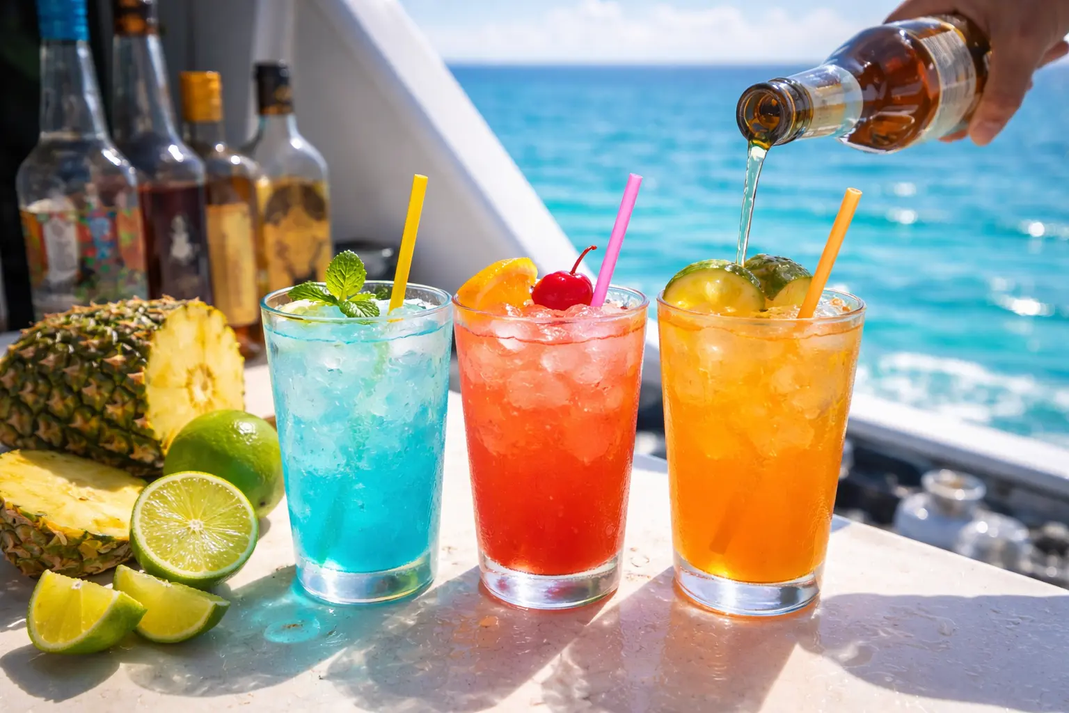 Blue, red and orange cocktails with straws beside pineapple and limes as a hand pours from a bottle