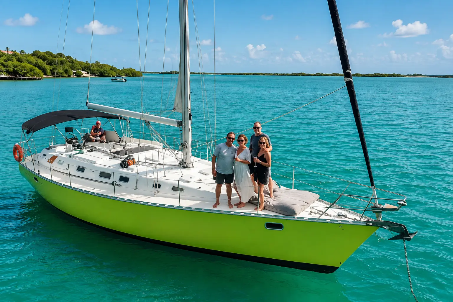 Four guests posing on the deck of a lime-green sailing yacht anchored in Curaçao's turquoise water