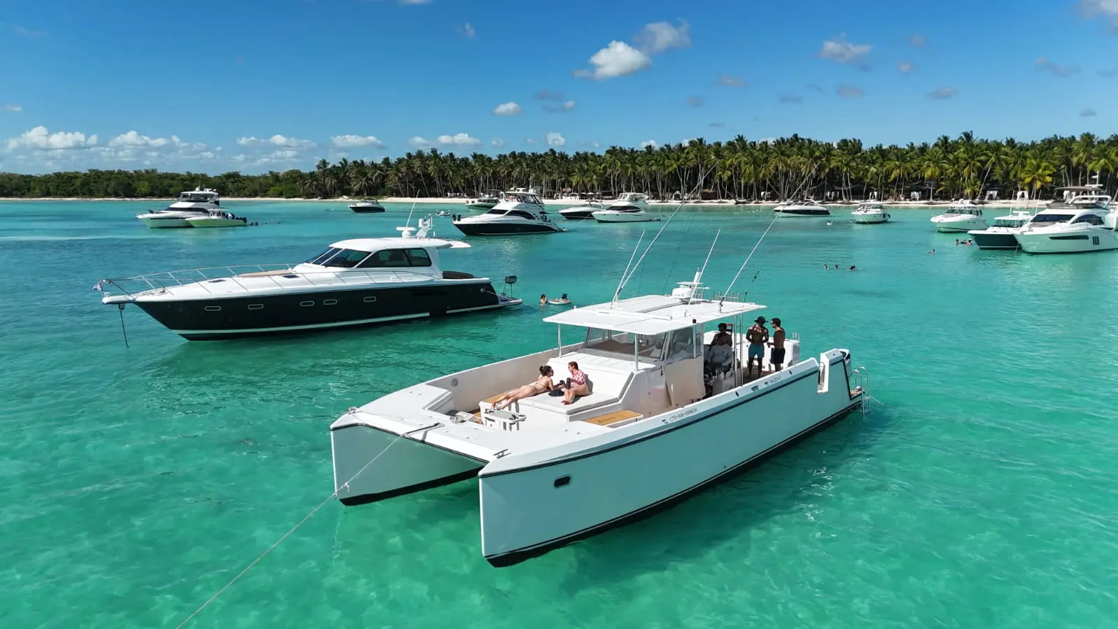 A white power catamaran anchored among other boats in turquoise shallows off a palm-lined Saona Island beach