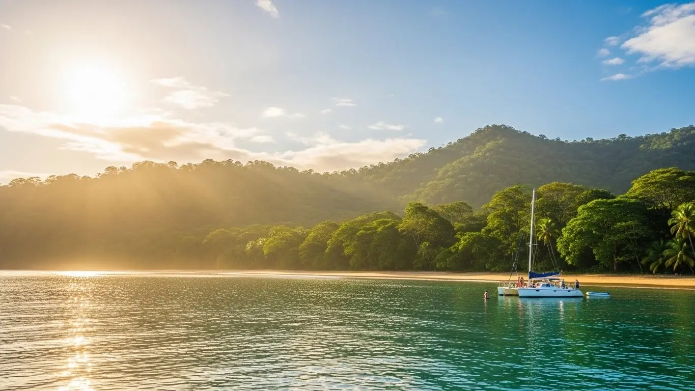 Catamaran anchored with swimmers in a calm Costa Rica bay below forested hills, sun streaming through haze