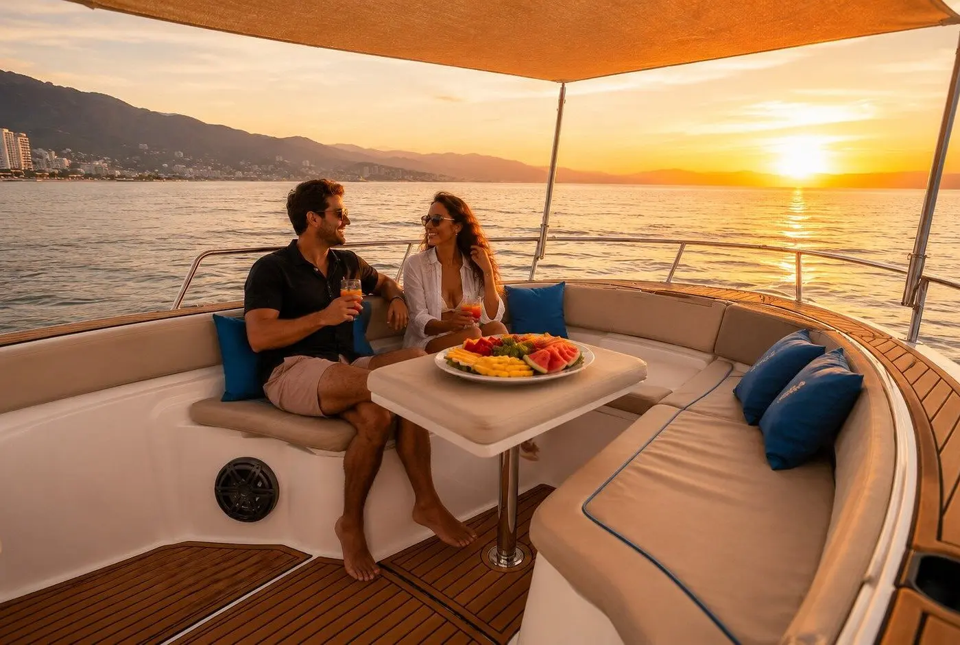 A couple shares a fruit platter at the cruiser's bow table as the sun sets over the Puerto Vallarta coast
