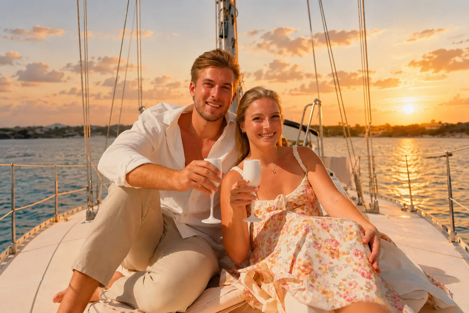 Couple raising glasses on the foredeck of a sailing yacht as the sun sets over Curaçao