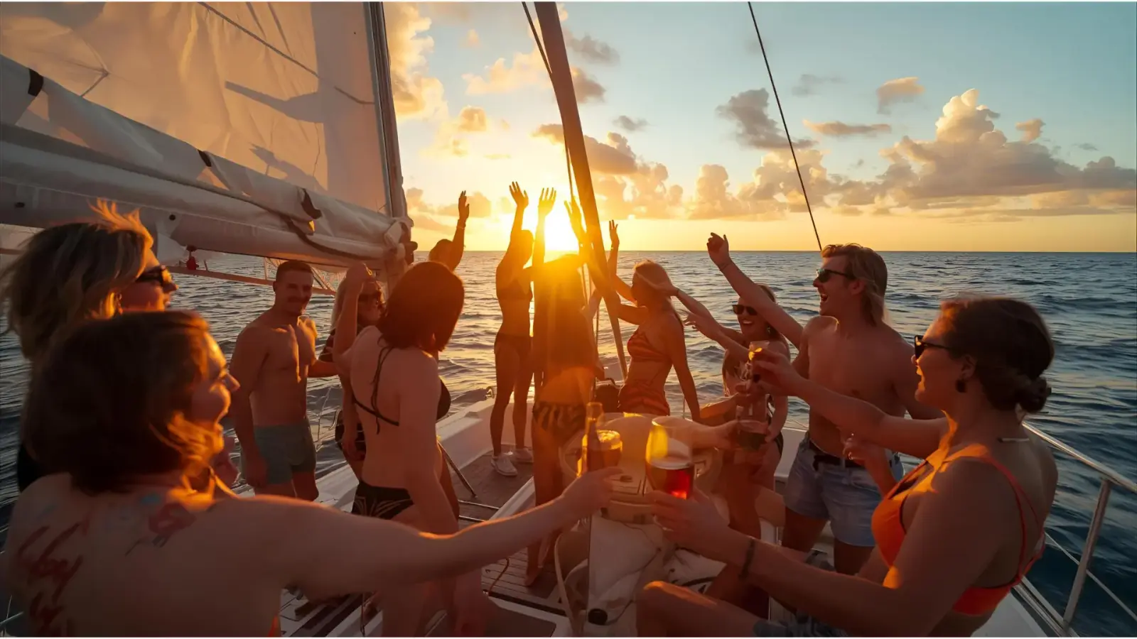Best Catamaran Tours to Isla Mujeres from Cancun for Groups enjoying a sunset party aboard a catamaran on the Caribbean Sea.