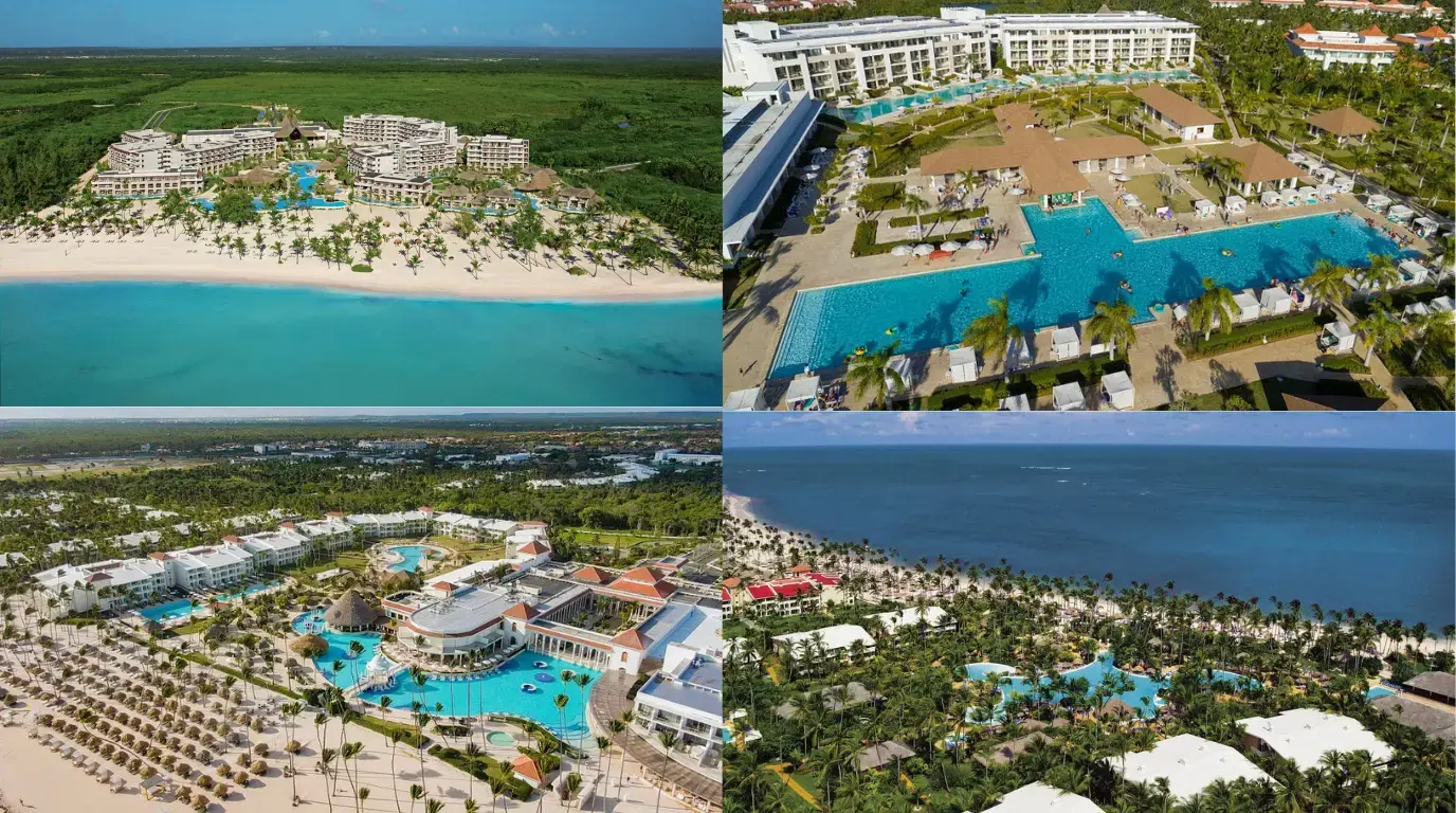 Four aerial views of beachfront resorts with large pools, palm groves and white-sand beaches in Punta Cana