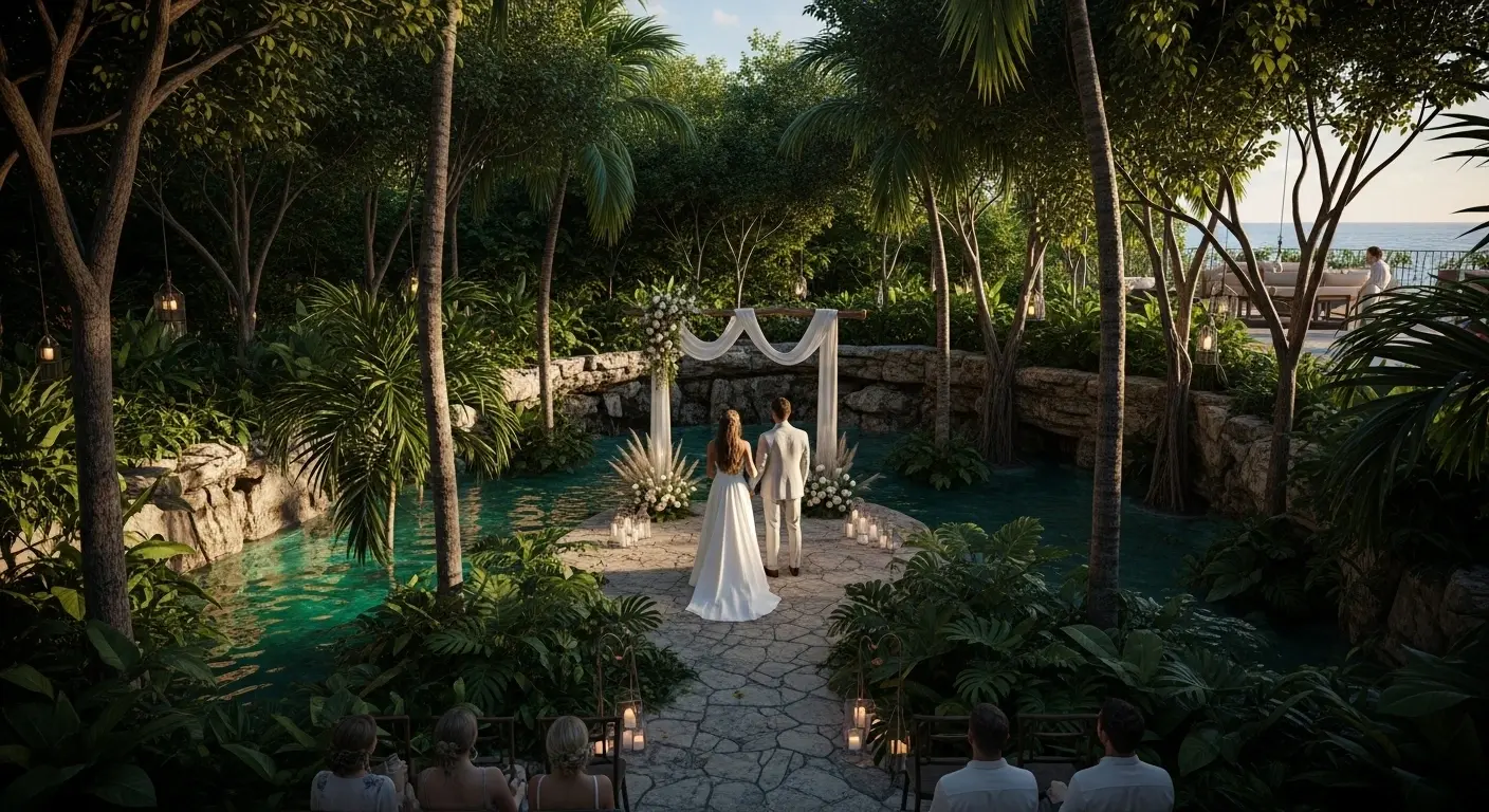 Couple standing at a unique wedding venue in Cancun surrounded by lush greenery and cenote scenery, showcasing alternative ceremony locations beyond traditional beach settings.