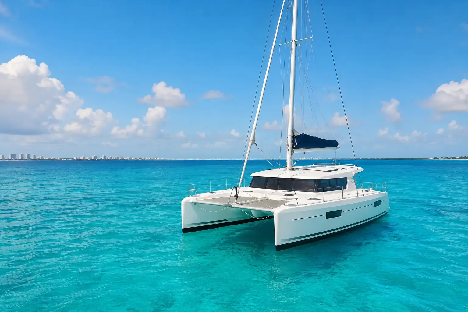 White luxury catamaran sailing on clear turquoise Caribbean water near Isla Mujeres Cancun under a bright blue sky with no people on board