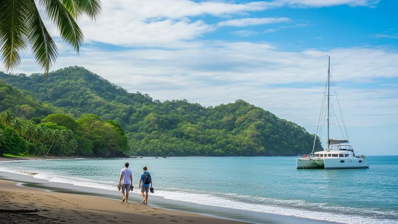 Two men carrying sandals on a quiet Costa Rica beach below green hills, a sailing catamaran anchored offshore