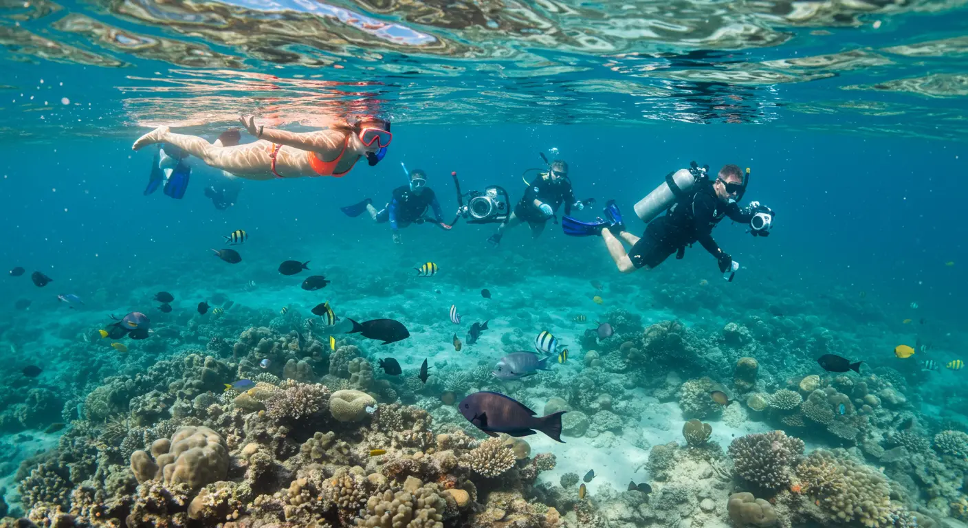 Divers exploring a vibrant underwater reef filled with colorful fish.

