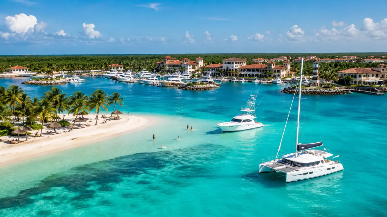 Things to do in Cap Cana Punta Cana with turquoise water, marina yachts, white sand beach, catamaran, and palm trees