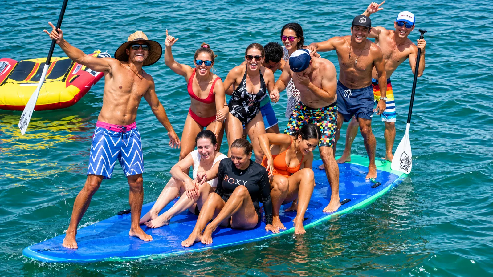 A group of friends pose on a giant paddleboard in clear water, some holding paddles in the air