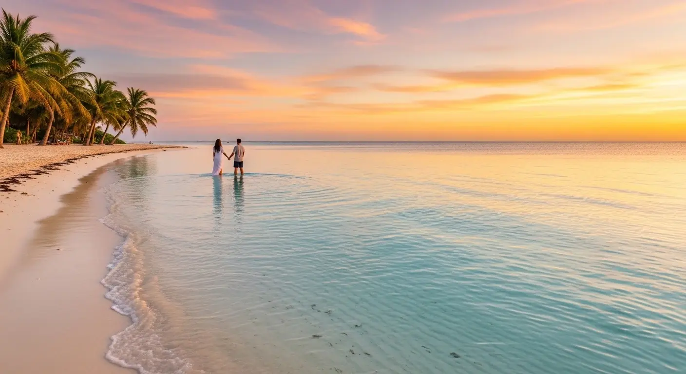 Romantic sunset at Playa Norte Isla Mujeres with calm shallow turquoise water, soft white sand, and a peaceful beach setting ideal for couples