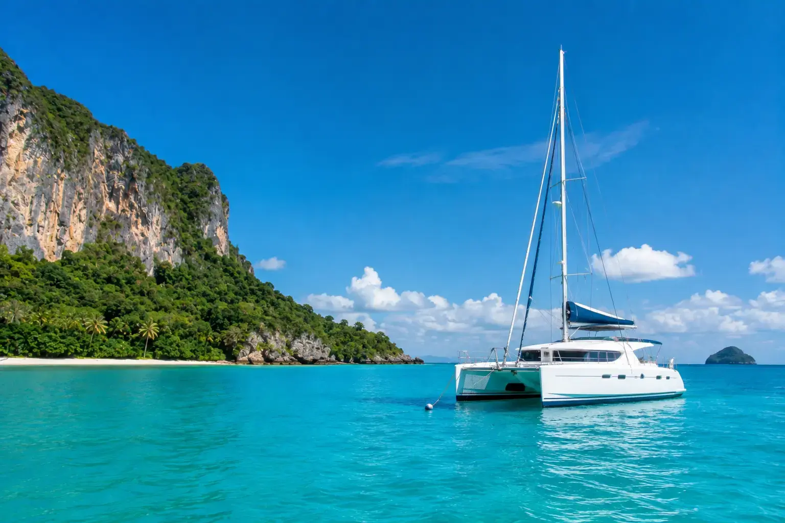 White catamaran sailing in turquoise waters near a tropical island with lush cliffs, representing Things to Do in Thailand Chiang Mai.