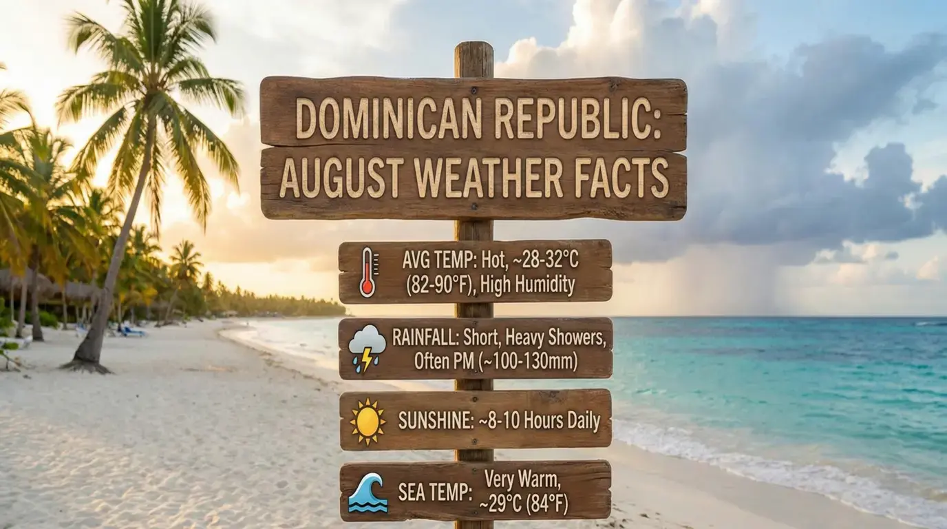 Beach signpost with August stats: 28–32°C, brief heavy afternoon showers, 8–10 hours of sun and a 29°C sea