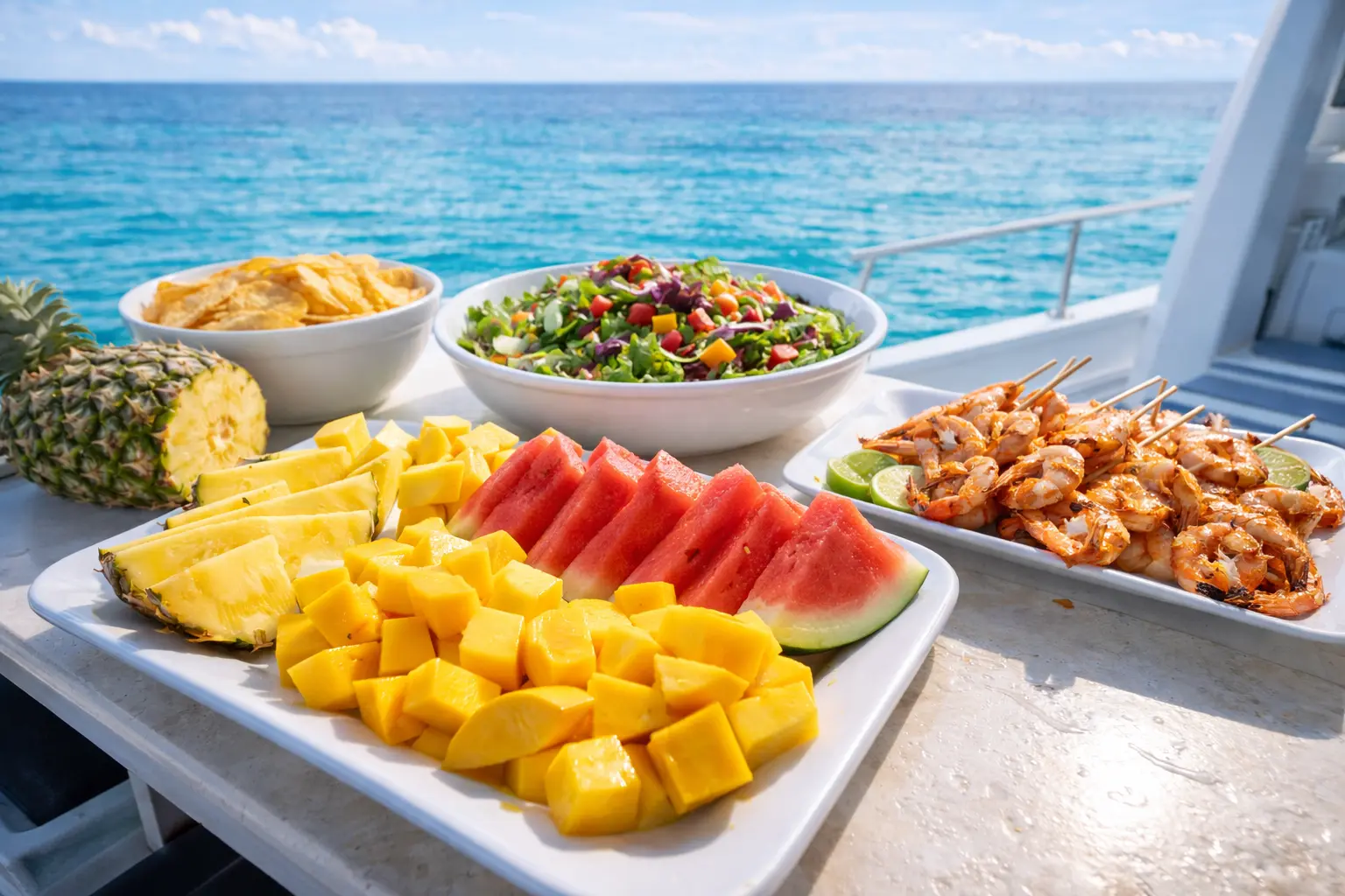 Fruit platter of mango, watermelon and pineapple with salad and shrimp skewers on a catamaran deck