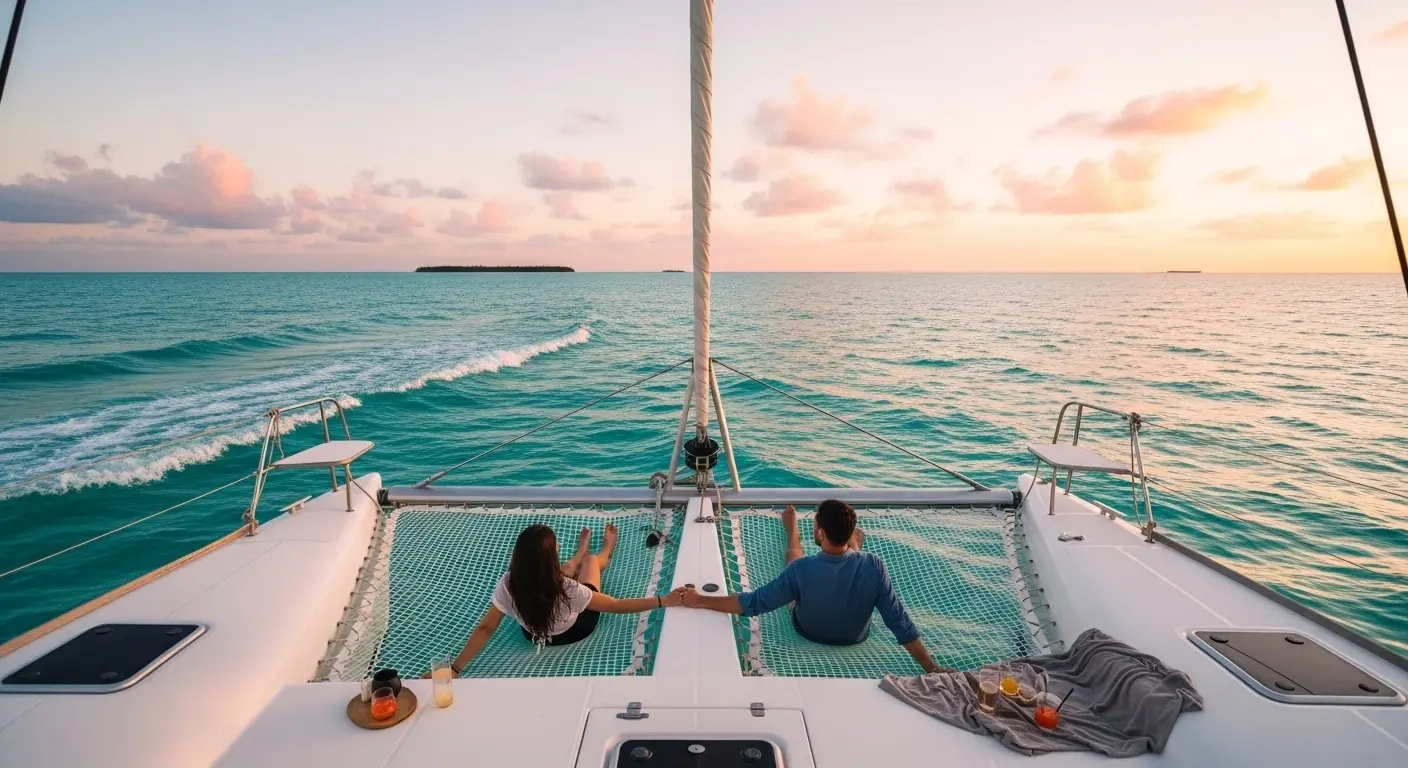 Romantic couple on a private Cancun catamaran at sunset, relaxing on the deck over calm turquoise Caribbean waters.
