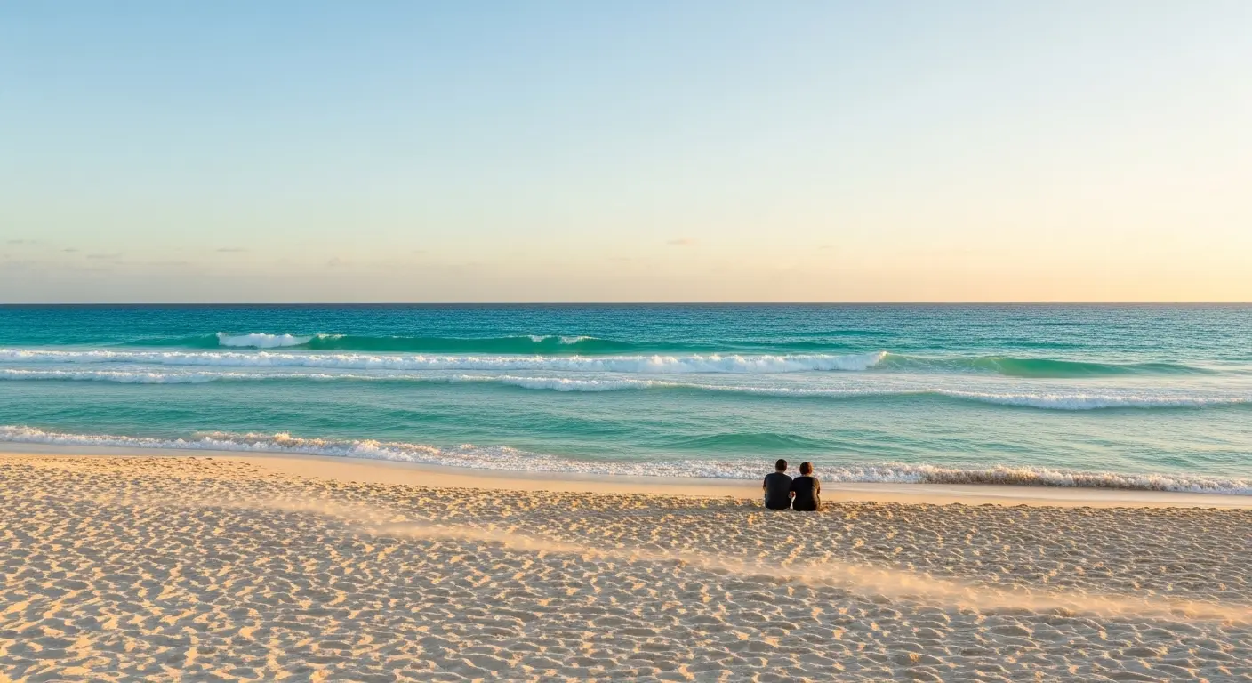 Catamaran tour Playa del Carmen with open deck sailing and snorkeling, plus a romantic early morning view of Playa Delfines Cancun with soft white sand and turquoise waves, a peaceful honeymoon vacation destination