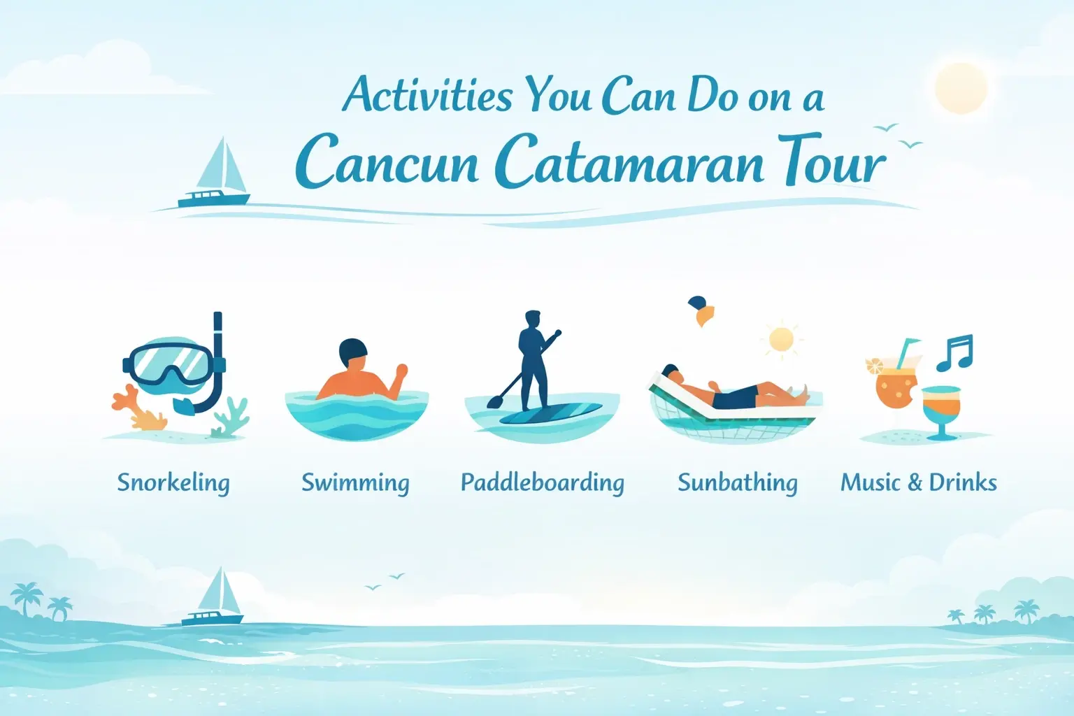 Cancun catamaran tour infographic showing snorkeling, swimming, paddleboarding, sunbathing, and drinks in a tropical ocean setting.