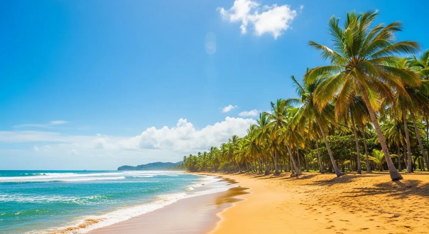 Golden-sand beach lined with leaning coconut palms beside turquoise surf in Costa Rica on a sunny day