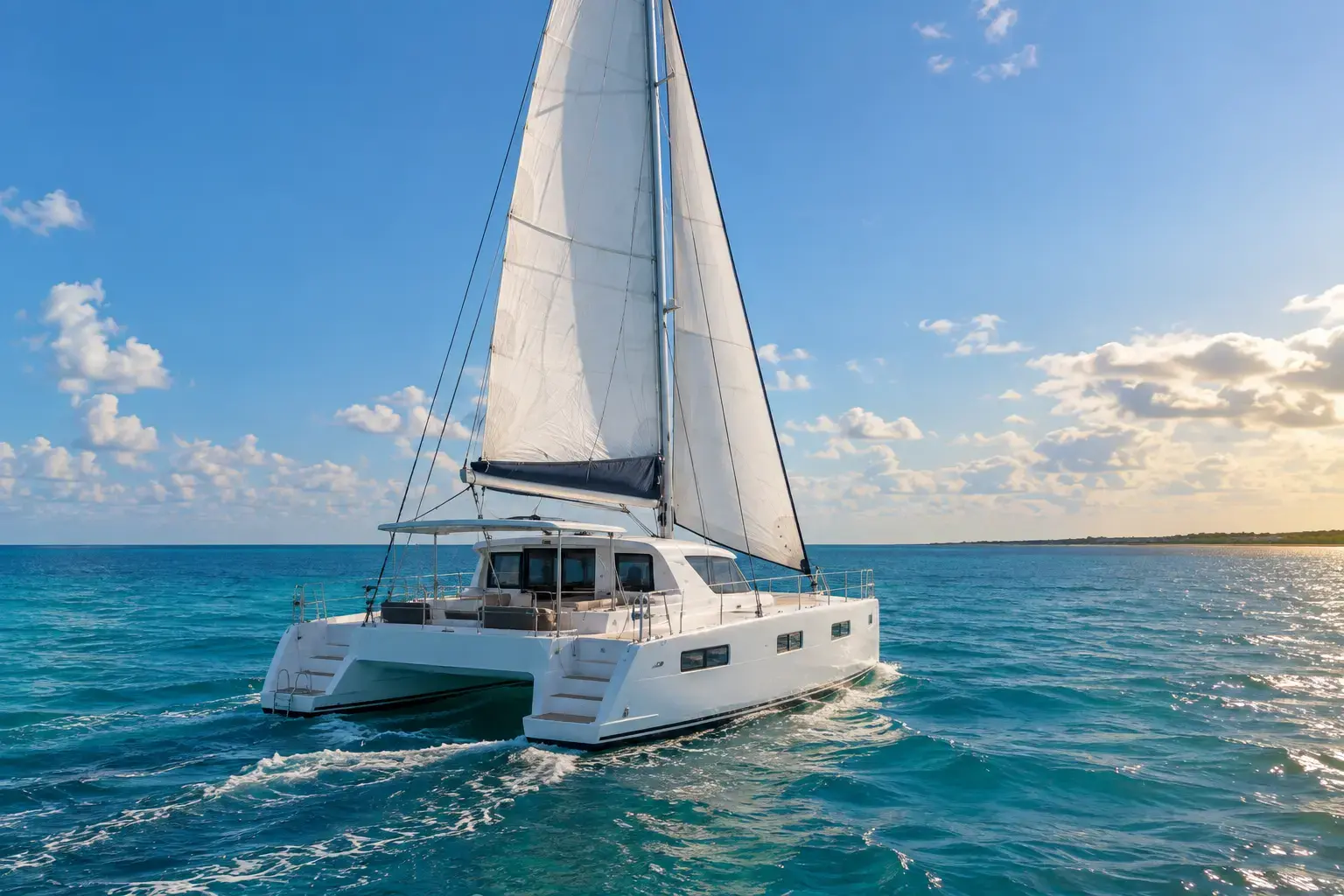 White catamaran sailing across the turquoise sea under a bright blue sky.