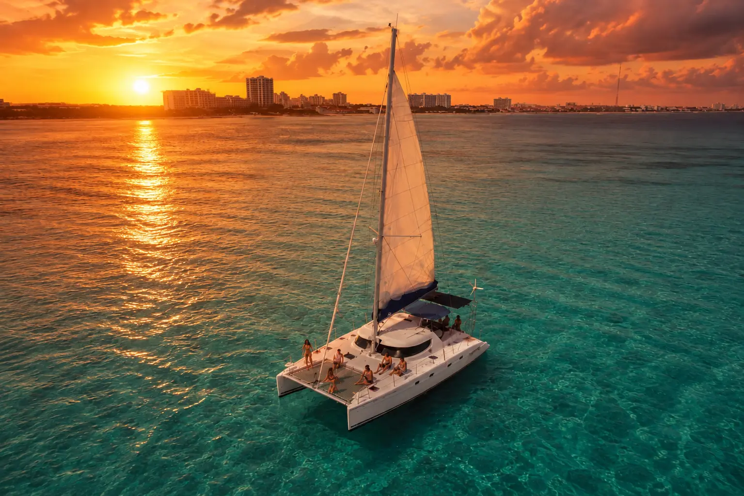 Aerial view of guests aboard a sailing catamaran as the sun sets behind the Cancún skyline
