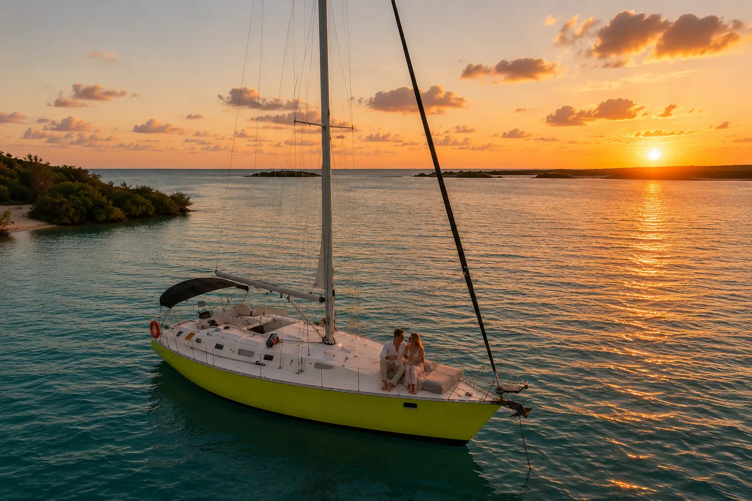 Couple on the deck of a lime-green sailing yacht anchored in a calm Curaçao lagoon at sunset