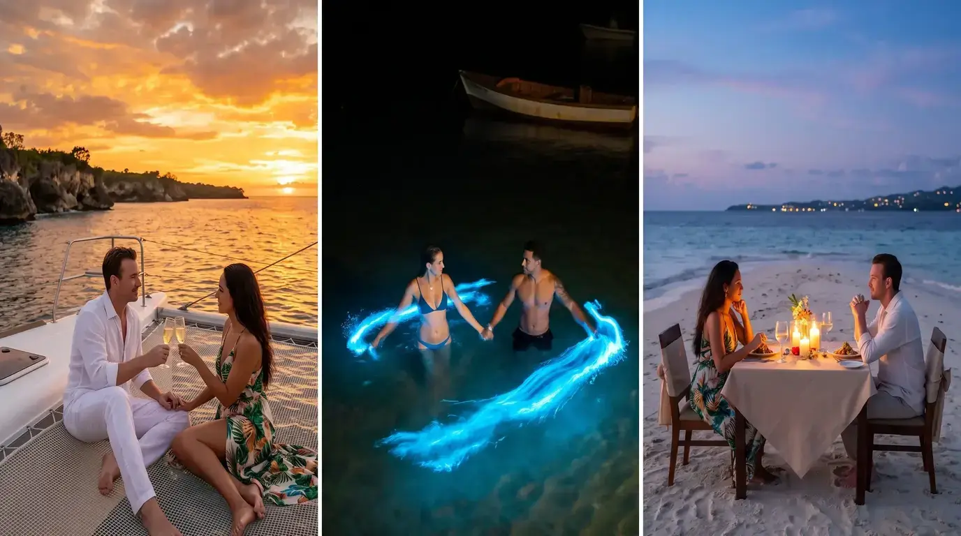 Couple toasting on a catamaran at sunset, wading in glowing water and dining by candlelight on a Jamaican beach