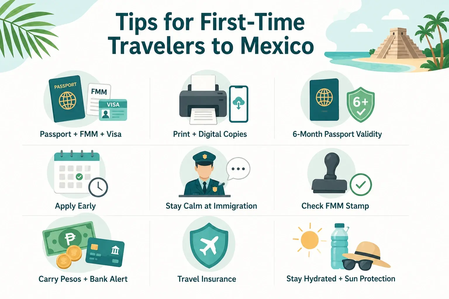 Minimalist infographic showing first-time travel tips for Mexico including passport, documents, and safety essentials — do you need a passport to go to Mexico