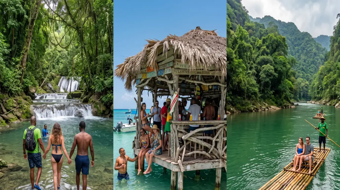 Friends wading by a jungle waterfall, a thatched bar on stilts at sea and a couple on a bamboo raft in Jamaica