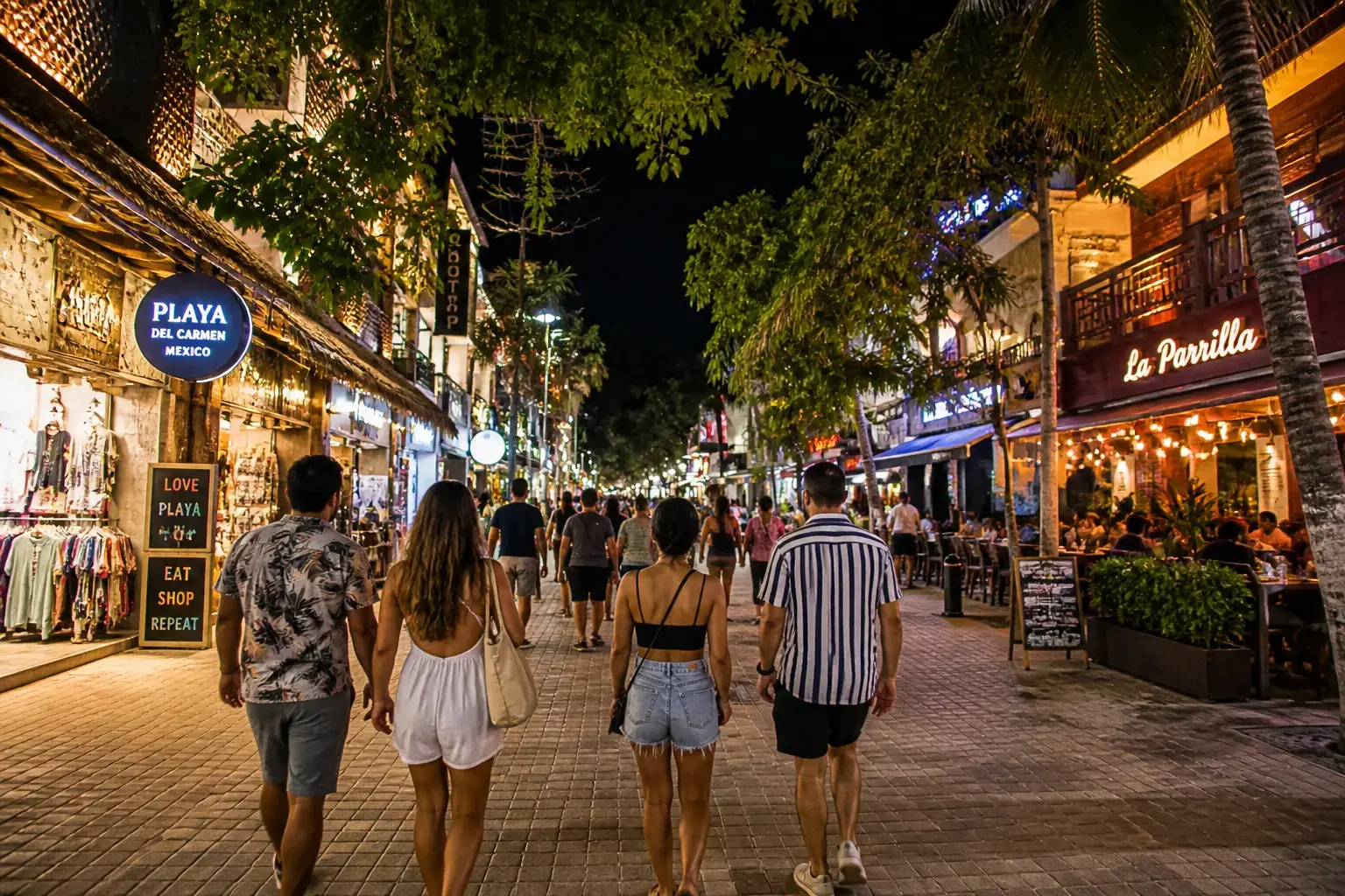 People walking along 5th Avenue in Playa del Carmen at night with shops restaurants and bright street lights