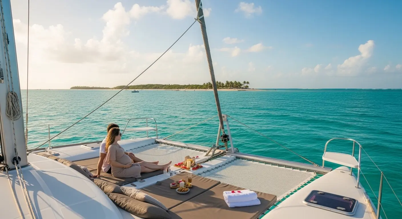 Pregnant couple enjoying a peaceful catamaran cruise in turquoise waters near Cancun with Isla Mujeres beaches in the background