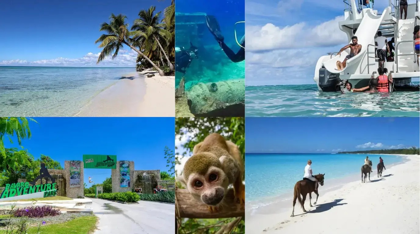 Bavaro beach, a shipwreck dive, a party boat slide, an adventure park gate, a monkey and horseback riding