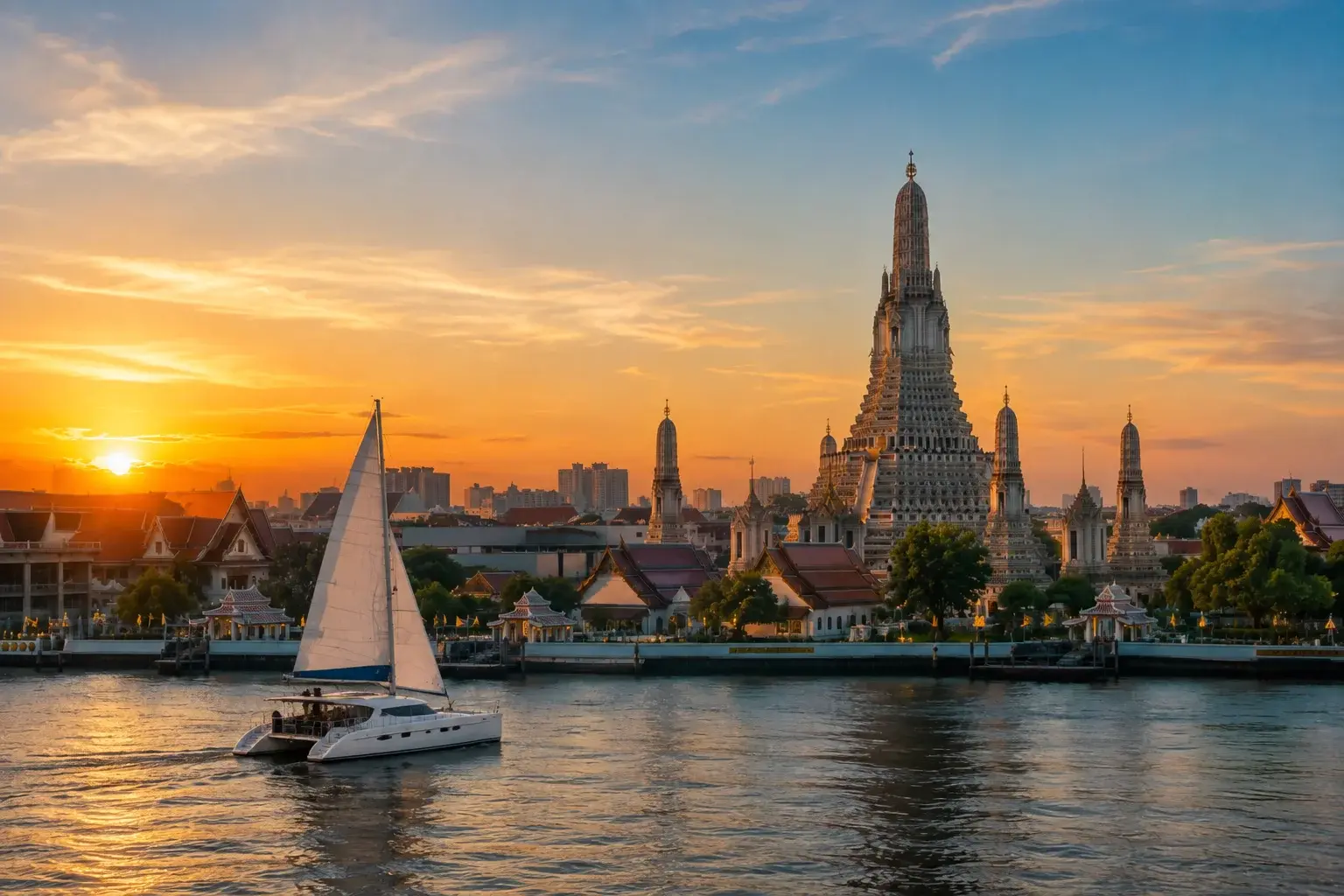 Things to Do in Bangkok featuring a sunset sailboat cruise along the Chao Phraya River with Wat Arun temple in the background.