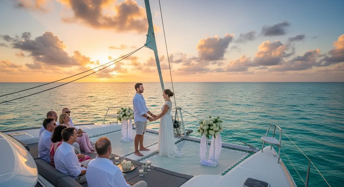 Couple renewing wedding vows on a private catamaran at sunset in Cancun with ocean views and romantic atmosphere.