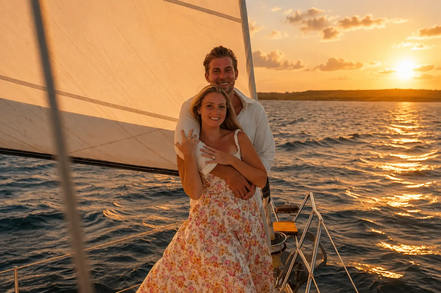 Man hugging a woman from behind beside the sail at the bow of a sailing yacht at sunset