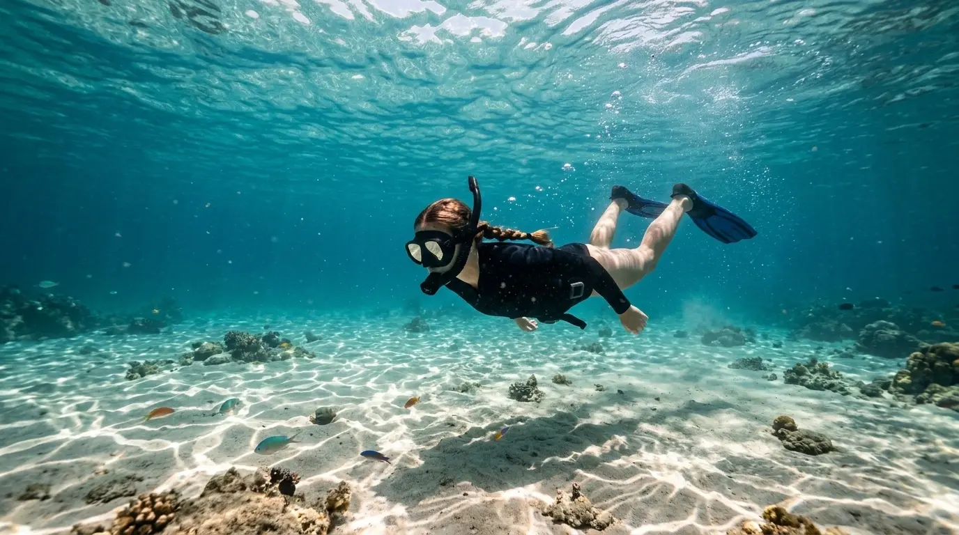 Underwater view of a snorkeler exploring a reef at the best place for snorkeling in Costa Rica
