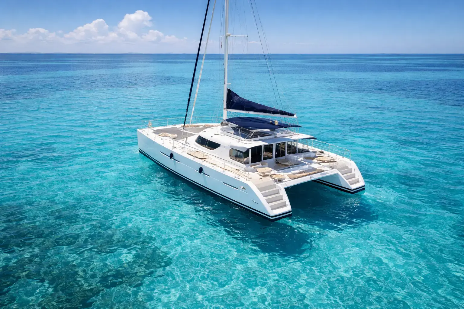 Catamaran sailing on clear turquoise ocean waters near El Caracol in Cancun, a relaxing experience among top activities to do in Cancun