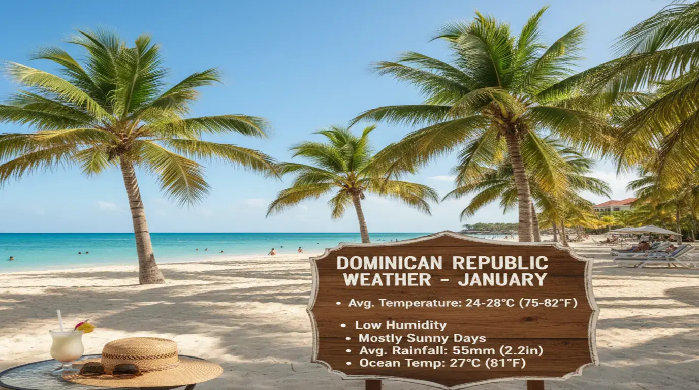 Punta Cana beach sign with January stats: 24 to 28°C, low humidity, mostly sunny, 55 mm rain, 27°C sea