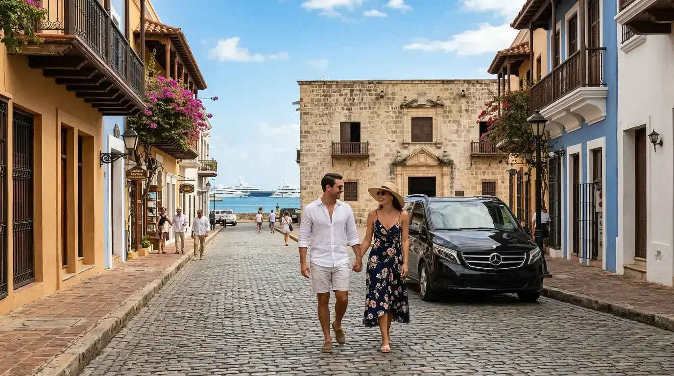 Couple strolling hand in hand down a cobbled colonial street in Santo Domingo, past balconies and a parked van