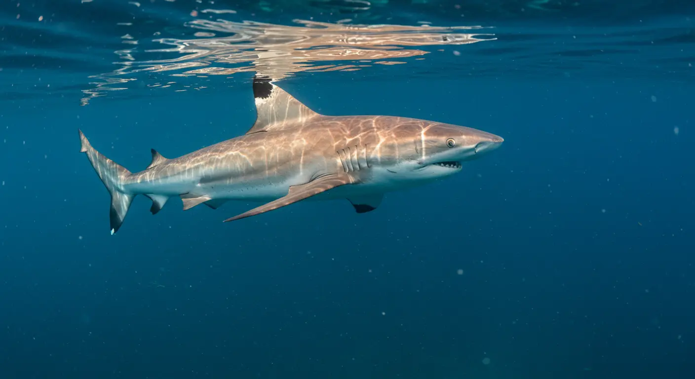 Shark with black-tipped fins swimming just below the surface in deep blue water