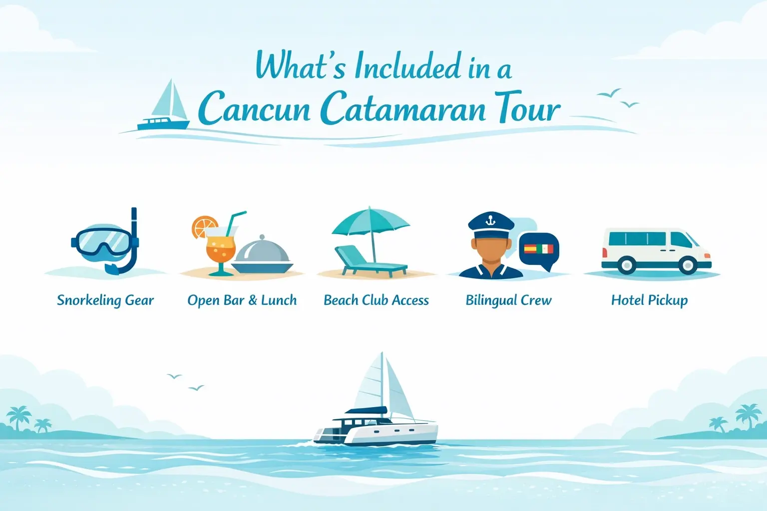 Infographic showing what’s included in a Cancun catamaran tour, including snorkeling gear, open bar, beach club access, bilingual crew, and hotel pickup.