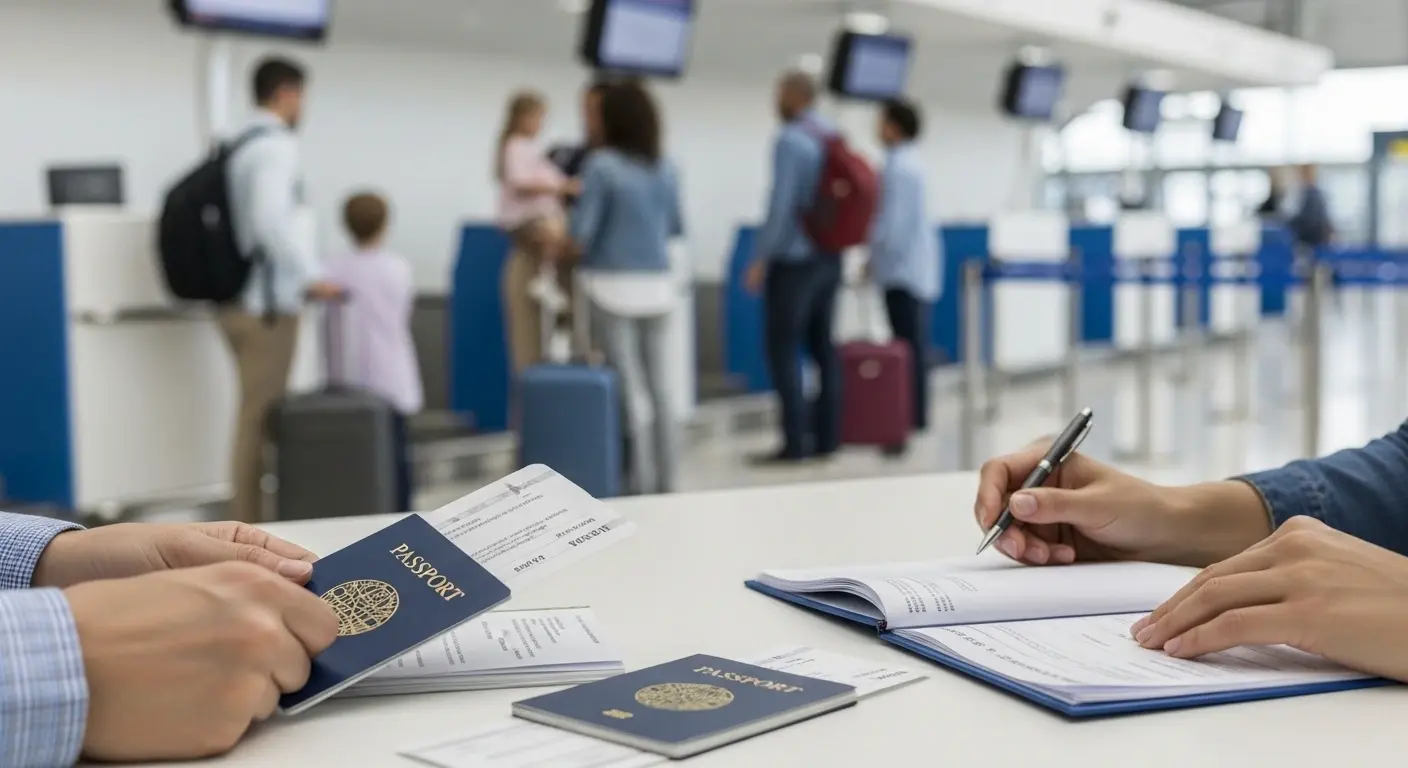 Traveler holding passport and travel documents at airport check-in, preparing for entry requirements — do you need a passport to go to Mexico