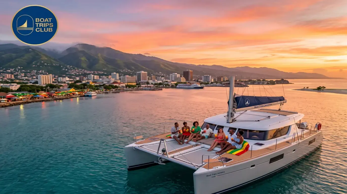 Guests with drinks on a sailing catamaran at sunset, with Kingston's waterfront skyline and green mountains behind
