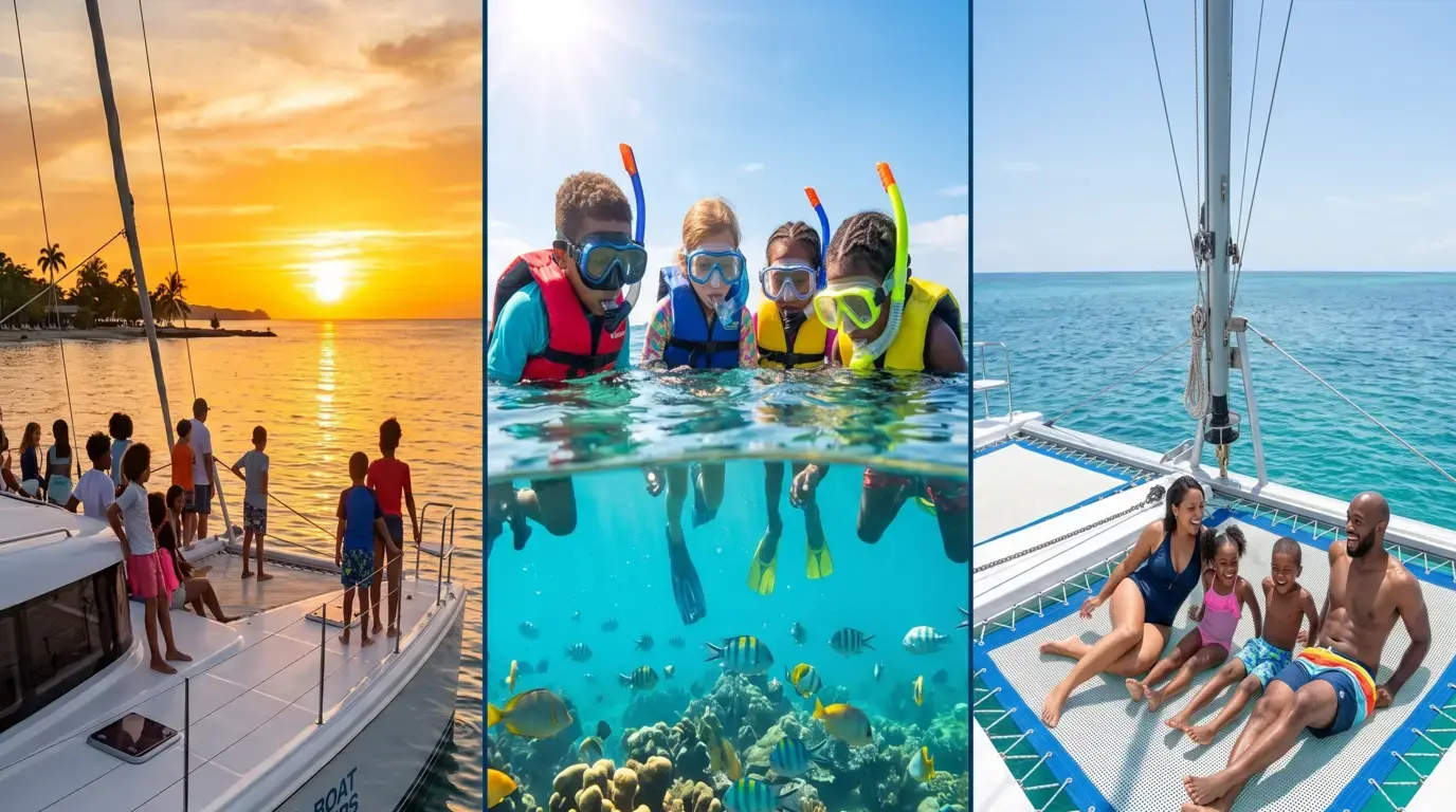 Kids on a catamaran at sunset, snorkeling over a reef and lounging on the deck net with family in Jamaica