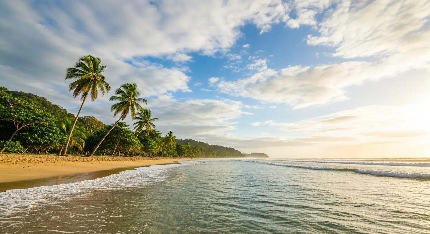 Palm trees leaning over a golden sand beach with gentle waves under a partly cloudy sky in Costa Rica
