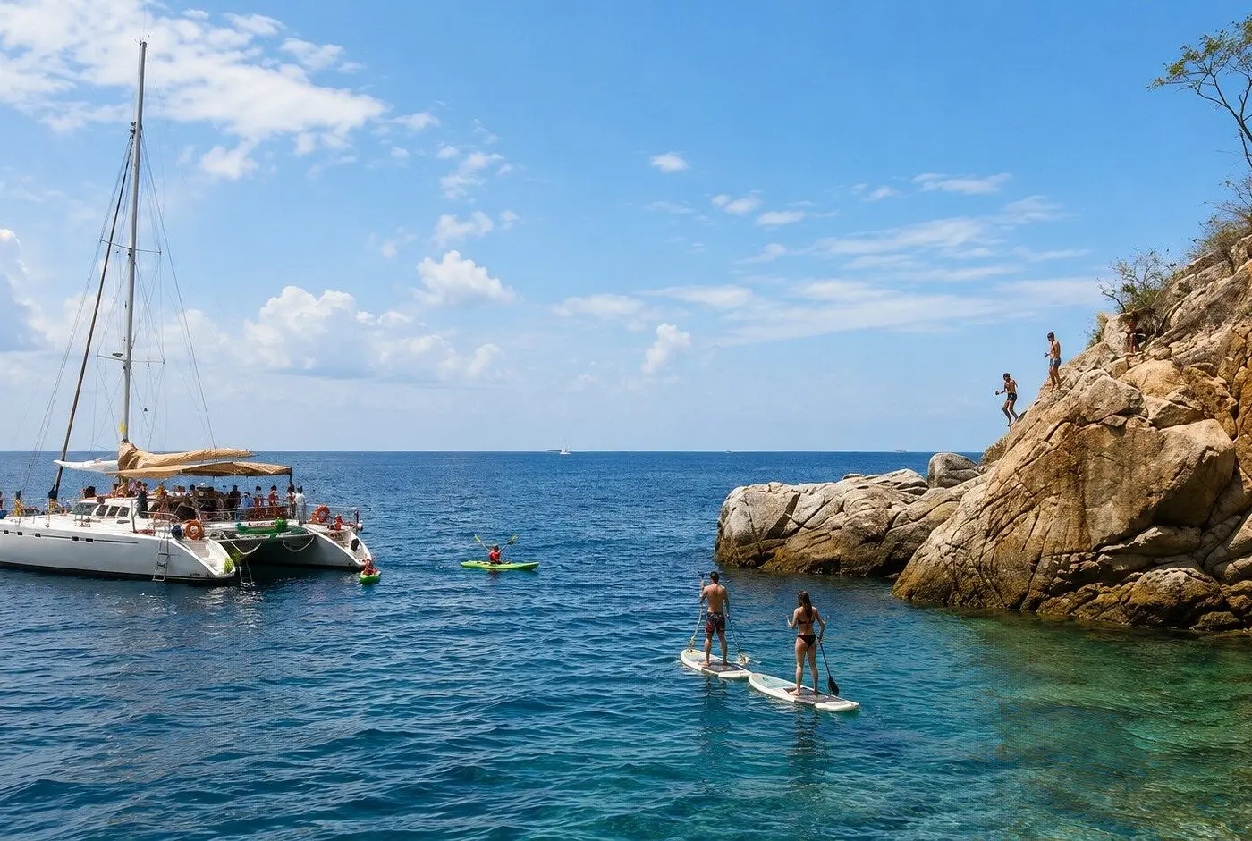 Guests stand-up paddleboarding by rocky cliffs while the sailing catamaran waits at anchor off Puerto Vallarta