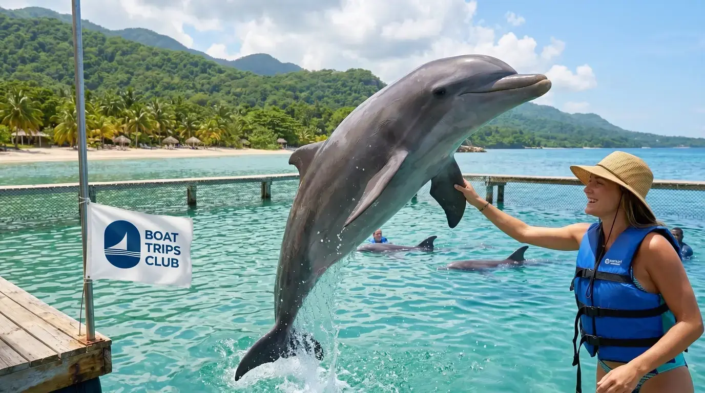 Smiling woman in a life vest and straw hat touching a leaping dolphin in a sea pen off a palm-lined Jamaica beach