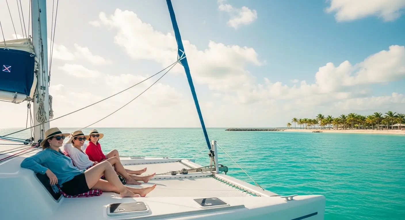 Catamaran sailing on calm turquoise water in Cancun during a sunny July day with light clouds and ocean breeze
