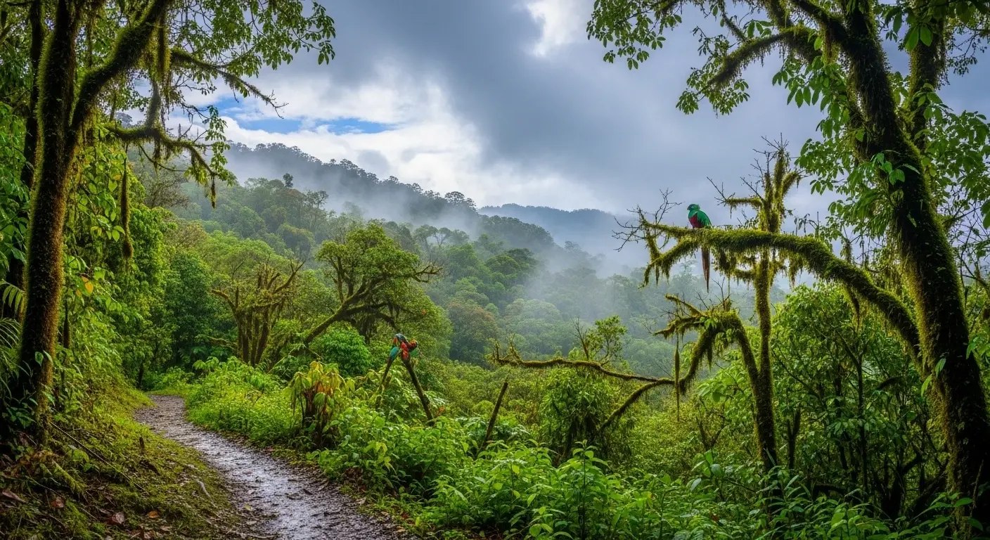 Wet trail through a misty Costa Rica cloud forest, with a quetzal perched on a moss-covered branch